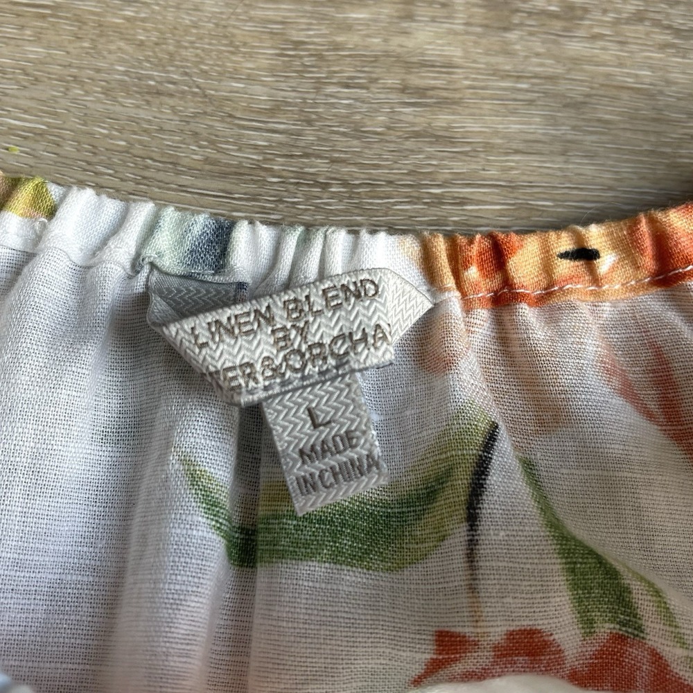 Hester & Orchard Floral Linen Blouse Womens Large Bow Collar Peasant Lightweight - Picture 5 of 8